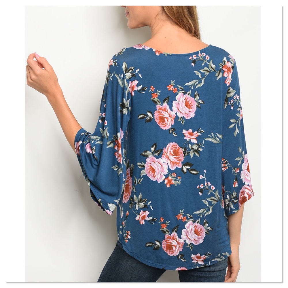 Teal Floral Jersey Knotted Knotted Top - Picture 3 of 3